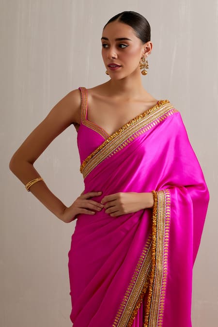 Buy_Priyal Prakash_Magenta Silk Satin, Polyester Zari, Diamonds, Embroidery Border Saree Set _Online_at_Aza_Fashions