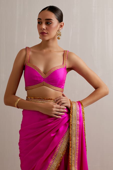 Priyal Prakash_Magenta Silk Satin, Polyester Zari, Diamonds, Embroidery Border Saree Set _at_Aza_Fashions