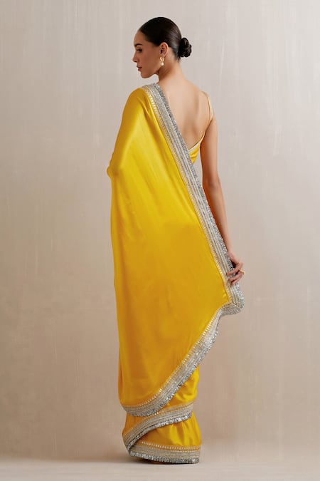 Shop_Priyal Prakash_Yellow Silk Satin, Polyester Placement Border Embroidered Saree With Blouse _at_Aza_Fashions