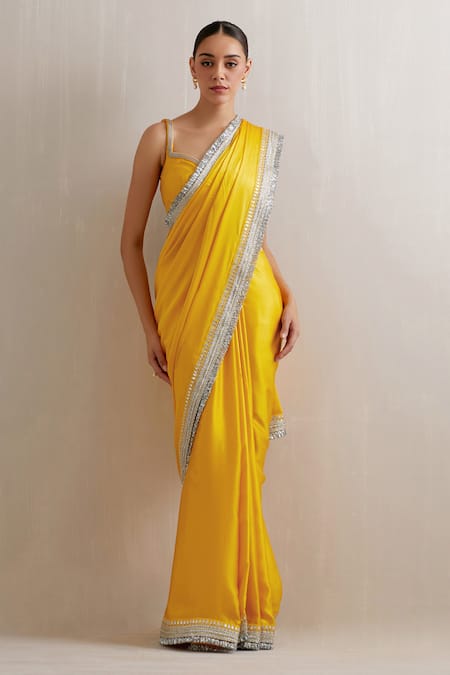 Buy_Priyal Prakash_Yellow Silk Satin, Polyester Placement Border Embroidered Saree With Blouse _Online_at_Aza_Fashions