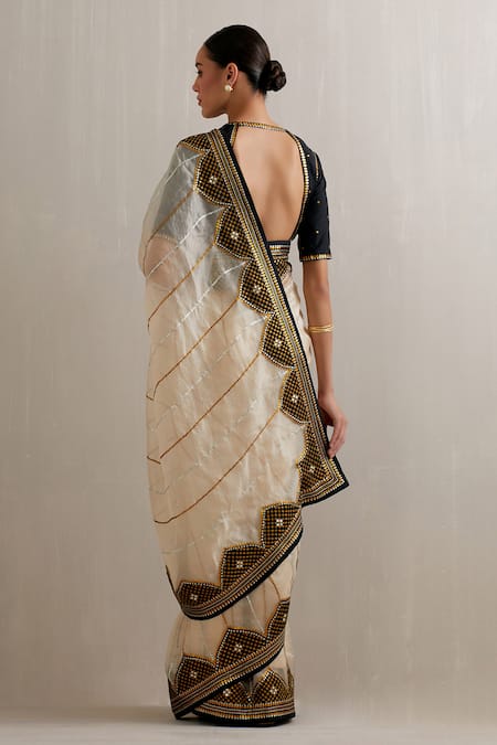 Shop_Priyal Prakash_Beige Silk Organza, Polyester Sequins, Colorblock Embroidered Saree With Blouse _at_Aza_Fashions