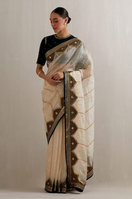 Priyal Prakash_Beige Silk Organza, Polyester Sequins, Colorblock Embroidered Saree With Blouse _Online_at_Aza_Fashions