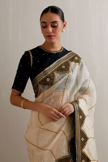 Buy_Priyal Prakash_Beige Silk Organza, Polyester Sequins, Colorblock Embroidered Saree With Blouse _Online_at_Aza_Fashions