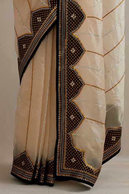 Shop_Priyal Prakash_Beige Silk Organza, Polyester Sequins, Colorblock Embroidered Saree With Blouse _Online_at_Aza_Fashions