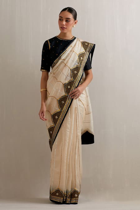Priyal Prakash_Beige Silk Organza, Polyester Sequins, Colorblock Embroidered Saree With Blouse _at_Aza_Fashions