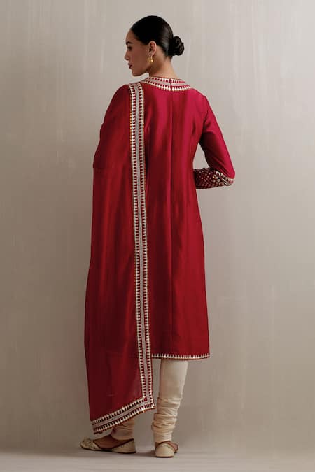 Shop Priyal Prakash Red Chanderi, Cotton, Viscose Sequins, Zari Round Neckline Embroidered Kurta Set at Aza Fashions Shop_Priyal Prakash_Red Chanderi, Cotton, Viscose Sequins, Zari Round Neckline Embroidered Kurta Set _at_Aza_Fashions