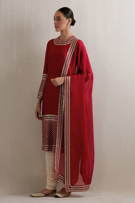 Priyal Prakash Red Chanderi, Cotton, Viscose Sequins, Zari Round Neckline Embroidered Kurta Set Online at Aza Fashions Priyal Prakash_Red Chanderi, Cotton, Viscose Sequins, Zari Round Neckline Embroidered Kurta Set _Online_at_Aza_Fashions