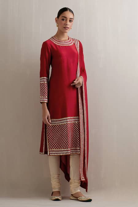 Buy Priyal Prakash Red Chanderi, Cotton, Viscose Sequins, Zari Round Neckline Embroidered Kurta Set Online at Aza Fashions Buy_Priyal Prakash_Red Chanderi, Cotton, Viscose Sequins, Zari Round Neckline Embroidered Kurta Set _Online_at_Aza_Fashions