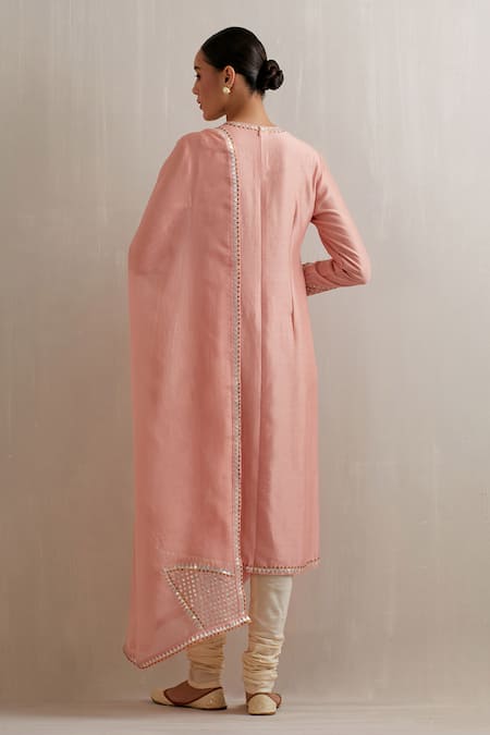 Shop Priyal Prakash Peach Chanderi, Cotton, Viscose, Organza Embroidery, Sequins, Zari Kurta Set at Aza Fashions Shop_Priyal Prakash_Peach Chanderi, Cotton, Viscose, Organza Embroidery, Sequins, Zari Kurta Set _at_Aza_Fashions
