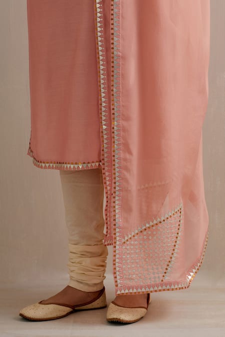 Shop Priyal Prakash Peach Chanderi, Cotton, Viscose, Organza Embroidery, Sequins, Zari Kurta Set Online at Aza Fashions Shop_Priyal Prakash_Peach Chanderi, Cotton, Viscose, Organza Embroidery, Sequins, Zari Kurta Set _Online_at_Aza_Fashions