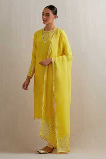 Priyal Prakash Yellow Chanderi, Cotton, Viscose Embroidery, Sequins, Zari Sleeve Kurta Set Online at Aza Fashions Priyal Prakash_Yellow Chanderi, Cotton, Viscose Embroidery, Sequins, Zari Sleeve Kurta Set _Online_at_Aza_Fashions