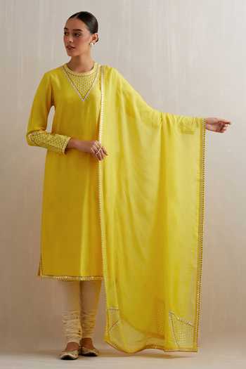 Buy Priyal Prakash Yellow Chanderi, Cotton, Viscose Embroidery, Sequins, Zari Sleeve Kurta Set Online at Aza Fashions Buy_Priyal Prakash_Yellow Chanderi, Cotton, Viscose Embroidery, Sequins, Zari Sleeve Kurta Set _Online_at_Aza_Fashions
