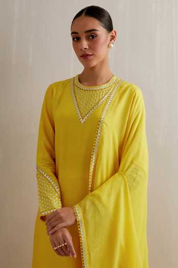 Shop Priyal Prakash Yellow Chanderi, Cotton, Viscose Embroidery, Sequins, Zari Sleeve Kurta Set Online at Aza Fashions Shop_Priyal Prakash_Yellow Chanderi, Cotton, Viscose Embroidery, Sequins, Zari Sleeve Kurta Set _Online_at_Aza_Fashions