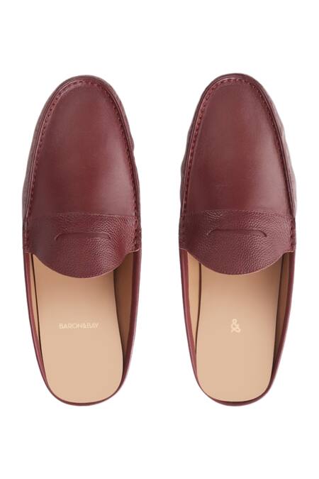 Shop_Baron & Bay_Maroon Plain Napa Leather Backless Loafers  _at_Aza_Fashions