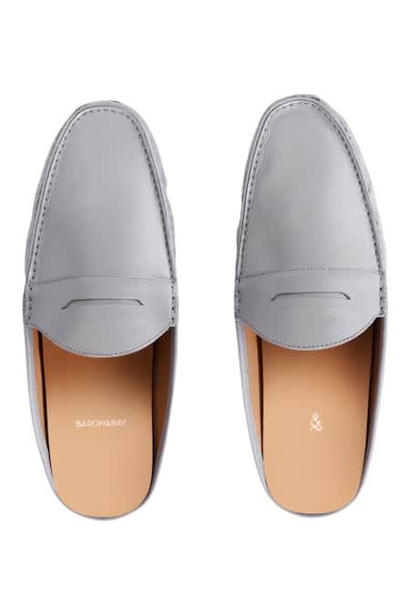 Shop_Baron & Bay_Grey Plain Backless Napa Leather Loafers  _at_Aza_Fashions