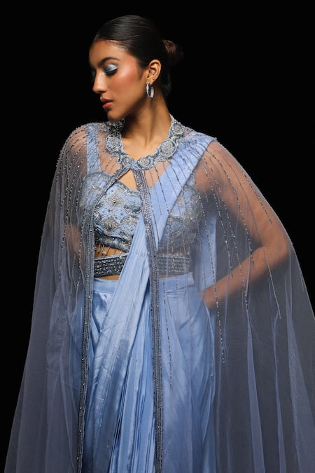Jade By Ashima_Blue Crepe, Net Sequins, Celesti Starlet Embroidered Cape Pre-draped Saree Set _Online_at_Aza_Fashions