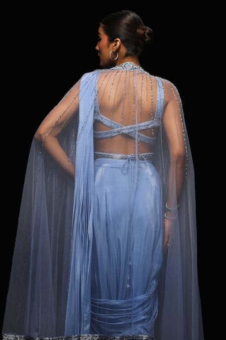 Shop_Jade By Ashima_Blue Crepe, Net Sequins, Celesti Starlet Embroidered Cape Pre-draped Saree Set _Online_at_Aza_Fashions