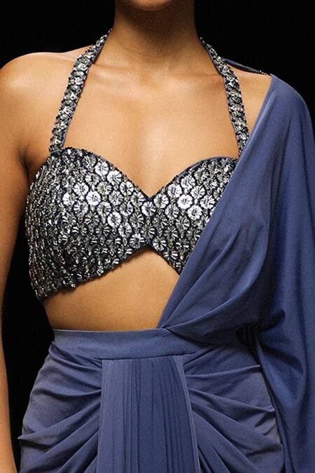 Jade By Ashima Blue Lycra Embroidery Halter Caelia Pre-draped Saree With Embellished Blouse Online at Aza Fashions Jade By Ashima_Blue Lycra Embroidery Halter Caelia Pre-draped Saree With Embellished Blouse _Online_at_Aza_Fashions