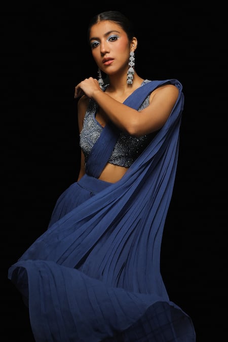 Jade By Ashima_Blue Nocturne Pleated Flair Pre-draped Saree With Celeste Embellished Blouse _Online_at_Aza_Fashions