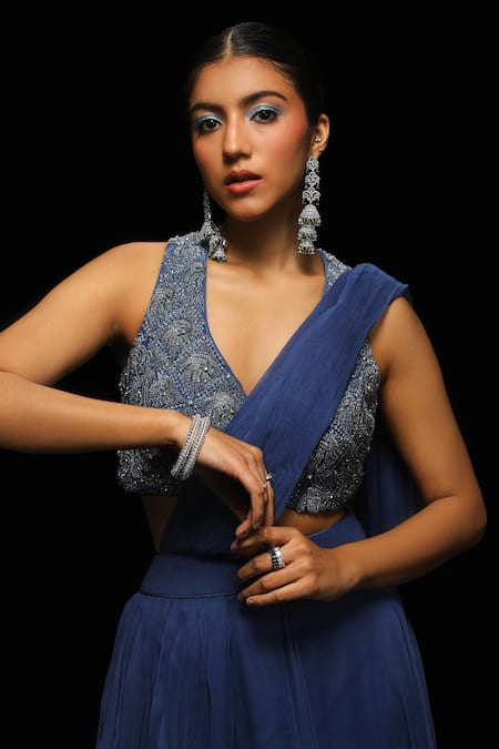 Buy_Jade By Ashima_Blue Nocturne Pleated Flair Pre-draped Saree With Celeste Embellished Blouse _Online_at_Aza_Fashions