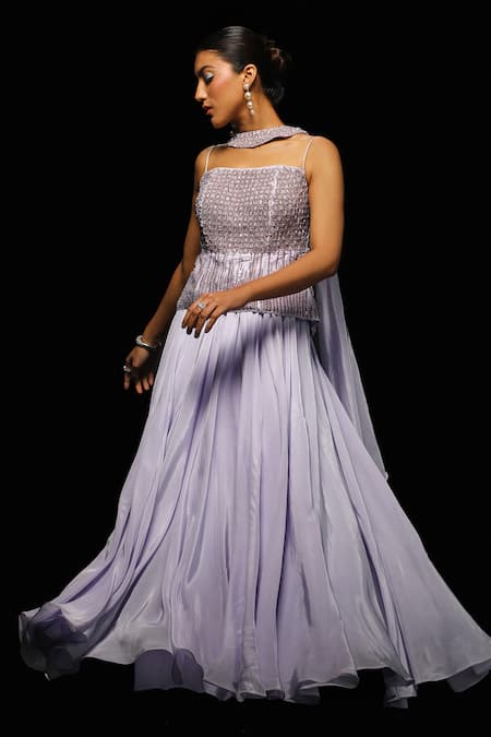 Jade By Ashima_Purple Crepe Embroidery, Zenitha Moon Crest Embellished Peplum Top Lehenga Set _Online_at_Aza_Fashions
