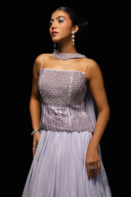 Buy_Jade By Ashima_Purple Crepe Embroidery, Zenitha Moon Crest Embellished Peplum Top Lehenga Set _Online_at_Aza_Fashions