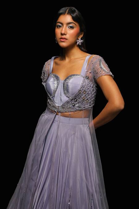Buy_Jade By Ashima_Purple Net, Crepe Sequins, Veloura Claret Noir Embroidered Jacket Lehenga Set _Online_at_Aza_Fashions