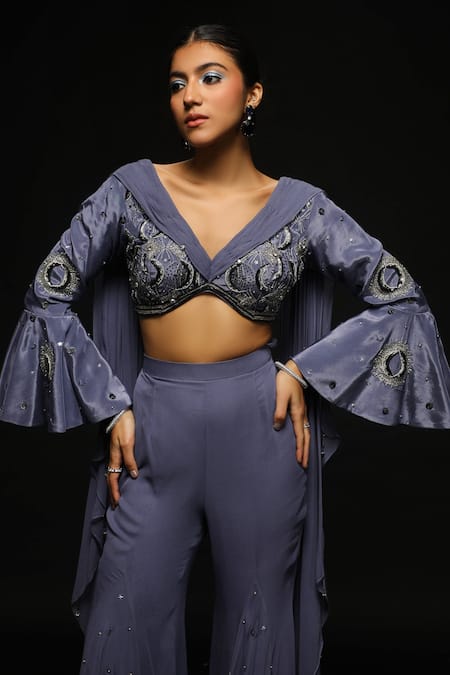 Jade By Ashima_Grey Crepe, Georgette Sequins, Aurora Venus Mosaic Blouse With Kalidar Sharara _Online_at_Aza_Fashions