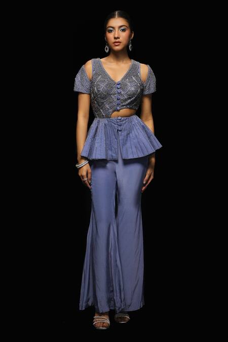 Jade By Ashima_Grey Net, Crepe Beads, Cut Supernal Starly Embellished Peplum Top With Sharara _Online_at_Aza_Fashions
