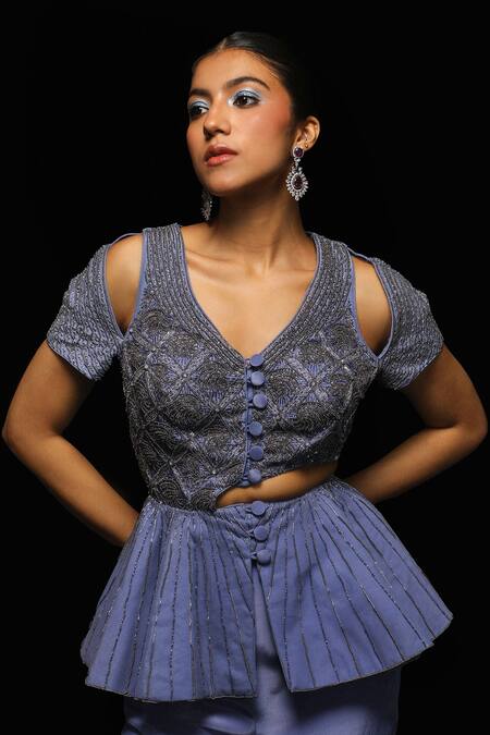 Buy_Jade By Ashima_Grey Net, Crepe Beads, Cut Supernal Starly Embellished Peplum Top With Sharara _Online_at_Aza_Fashions