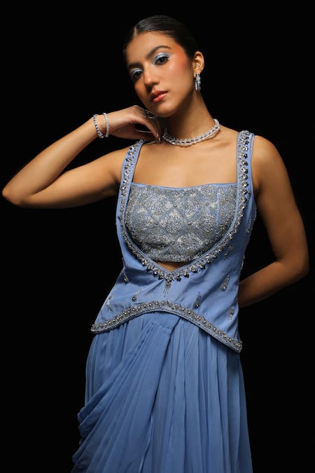 Buy_Jade By Ashima_Purple Crepe, Aurelia Cosmo Glitch Embroidered Crop Top Draped Skirt Set _Online_at_Aza_Fashions