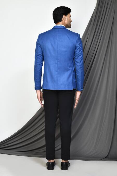 Shop_Arihant Rai Sinha_Blue Cotton Full Sleeve Textured Blazer _at_Aza_Fashions