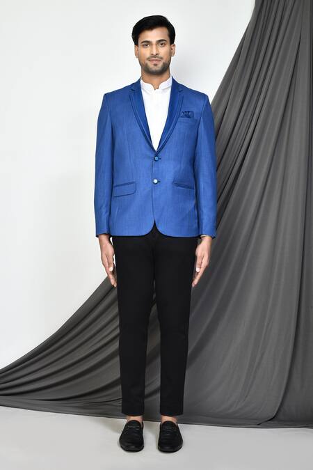 Buy_Arihant Rai Sinha_Blue Cotton Full Sleeve Textured Blazer _Online_at_Aza_Fashions