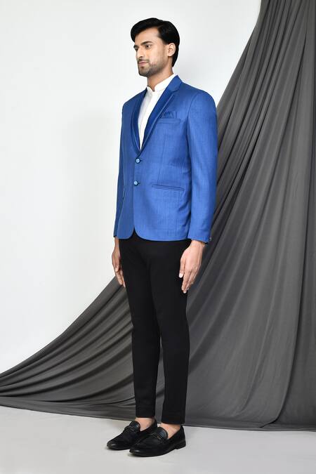 Shop_Arihant Rai Sinha_Blue Cotton Full Sleeve Textured Blazer _Online_at_Aza_Fashions