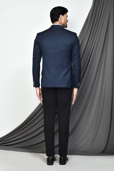 Shop_Arihant Rai Sinha_Blue Cotton Lapel Collar Blazer _at_Aza_Fashions