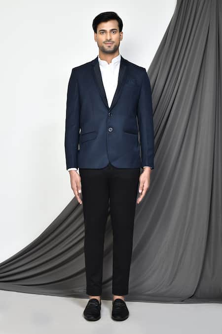 Buy_Arihant Rai Sinha_Blue Cotton Lapel Collar Blazer _Online_at_Aza_Fashions