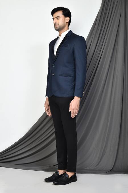 Shop_Arihant Rai Sinha_Blue Cotton Lapel Collar Blazer _Online_at_Aza_Fashions