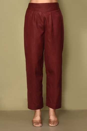 Buy_Samyukta Singhania_Maroon Cotton V-neck Stand V Collar Kurta With Pant _Online_at_Aza_Fashions