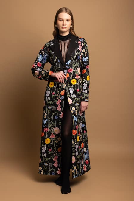 SHIMONA Black Cotton Satin Printed Floral Lapel Collar Blossom Overcoat 
