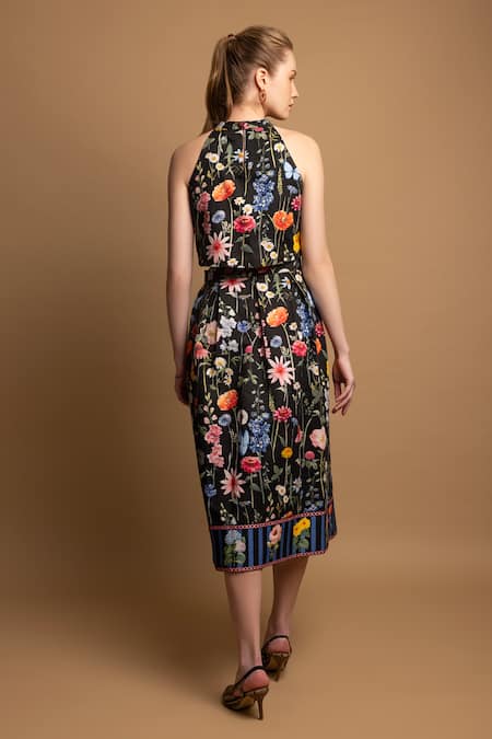 Shop Shimona Black Cotton Satin Halter Neck Blossom Floral Print Top And Skirt Set at Aza Fashions Shop_Shimona_Black Cotton Satin Halter Neck Blossom Floral Print Top And Skirt Set _at_Aza_Fashions