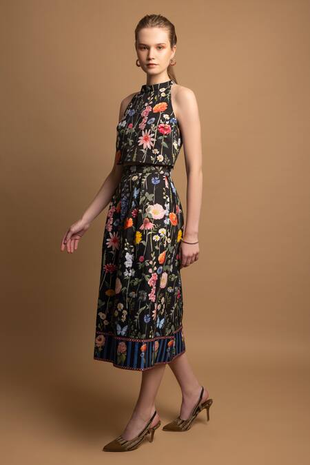 Shimona Black Cotton Satin Halter Neck Blossom Floral Print Top And Skirt Set Online at Aza Fashions Shimona_Black Cotton Satin Halter Neck Blossom Floral Print Top And Skirt Set _Online_at_Aza_Fashions