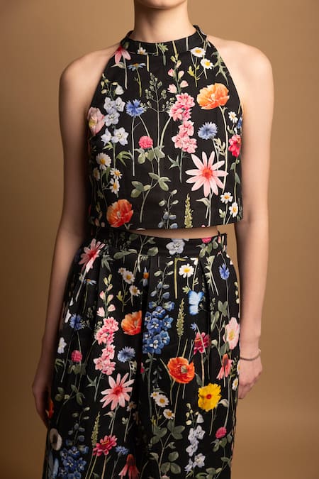 Buy Shimona Black Cotton Satin Halter Neck Blossom Floral Print Top And Skirt Set Online at Aza Fashions Buy_Shimona_Black Cotton Satin Halter Neck Blossom Floral Print Top And Skirt Set _Online_at_Aza_Fashions