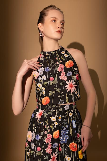 Shop Shimona Black Cotton Satin Halter Neck Blossom Floral Print Top And Skirt Set Online at Aza Fashions Shop_Shimona_Black Cotton Satin Halter Neck Blossom Floral Print Top And Skirt Set _Online_at_Aza_Fashions