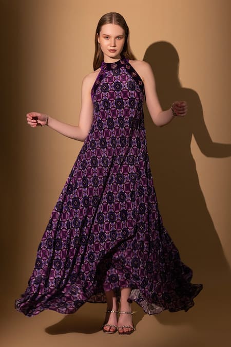 SHIMONA Abstract Print Halter Neck Gown 