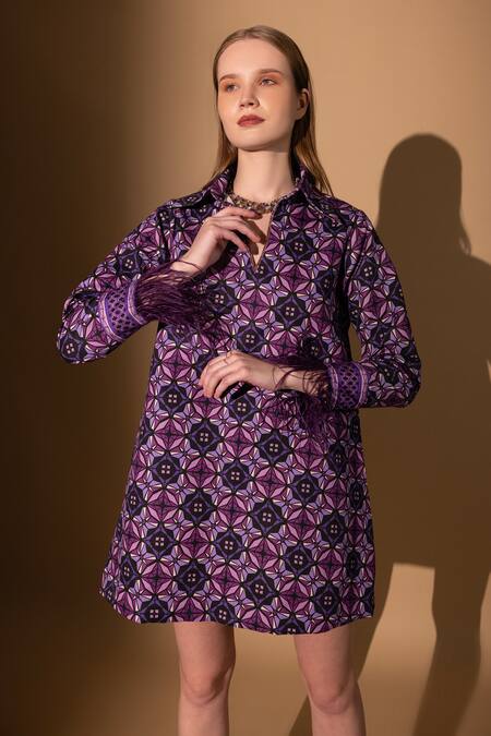 Shimona_Purple Cotton Satin Collared Sharp Abstract Print Dress_Online_at_Aza_Fashions