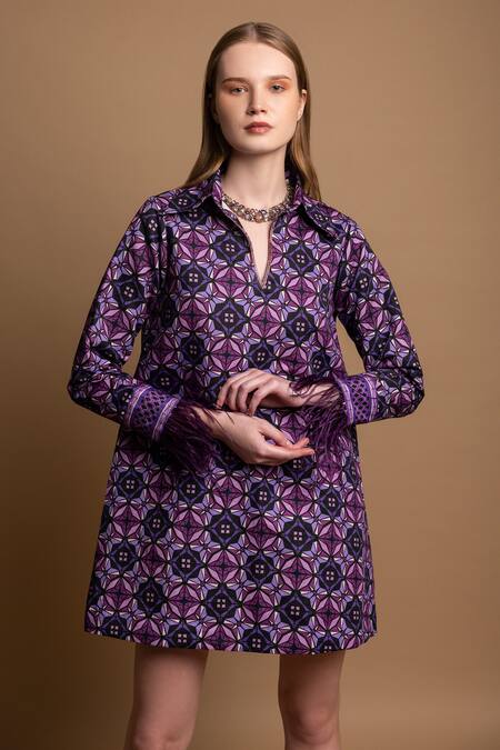 Buy_Shimona_Purple Cotton Satin Collared Sharp Abstract Print Dress_Online_at_Aza_Fashions