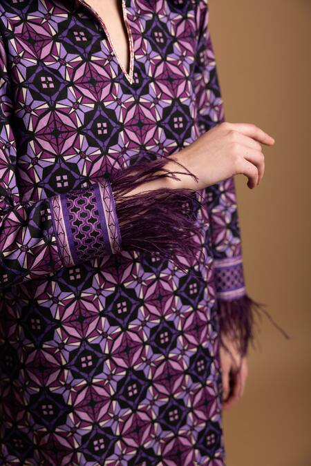 Shop_Shimona_Purple Cotton Satin Collared Sharp Abstract Print Dress_Online_at_Aza_Fashions