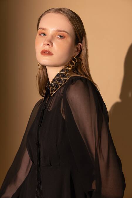 Shimona_Black Silk, Georgette Cut Work Collared Embroidered Dress _Online_at_Aza_Fashions