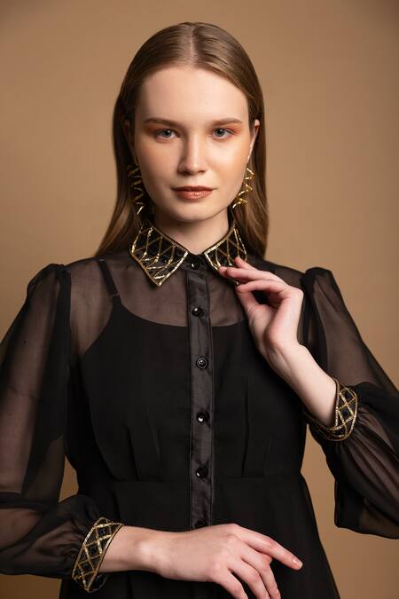 Buy_Shimona_Black Silk, Georgette Cut Work Collared Embroidered Dress _Online_at_Aza_Fashions