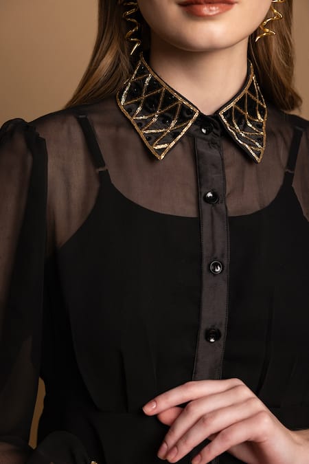 Shop_Shimona_Black Silk, Georgette Cut Work Collared Embroidered Dress _Online_at_Aza_Fashions